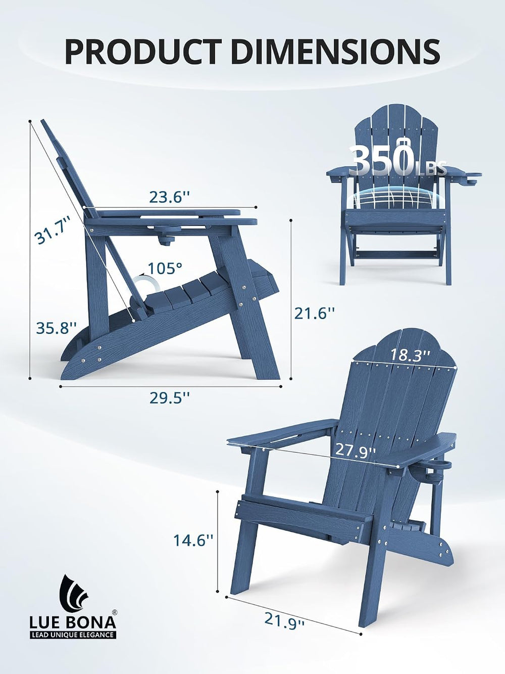 LUE BONA HDPE Adirondack Chairs Set of 4, Blue Fire Pit Chairs