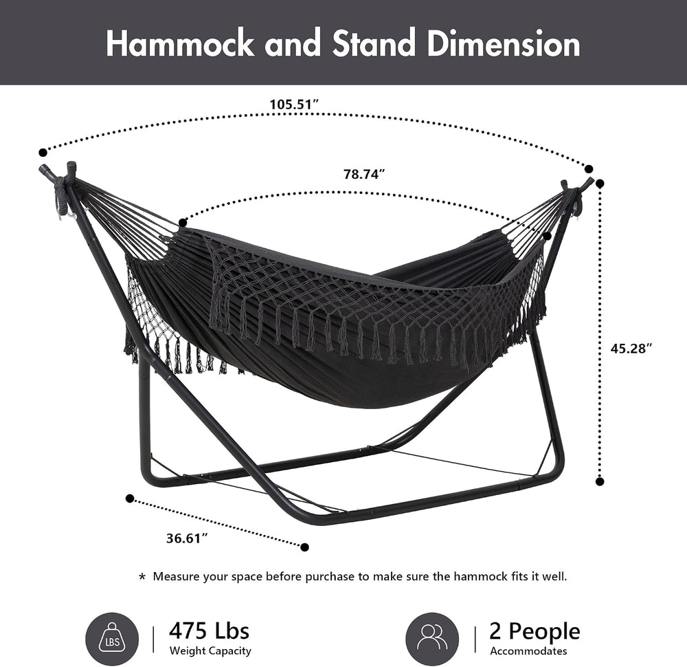 ANOW Double Space Saving Hammock with Stand, Dark Gray with Tassels