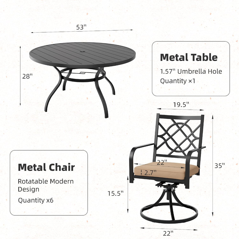 7-Piece Outdoor Dining Set Metal Swivel Cushioned Chairs Patio Furniture Sets...