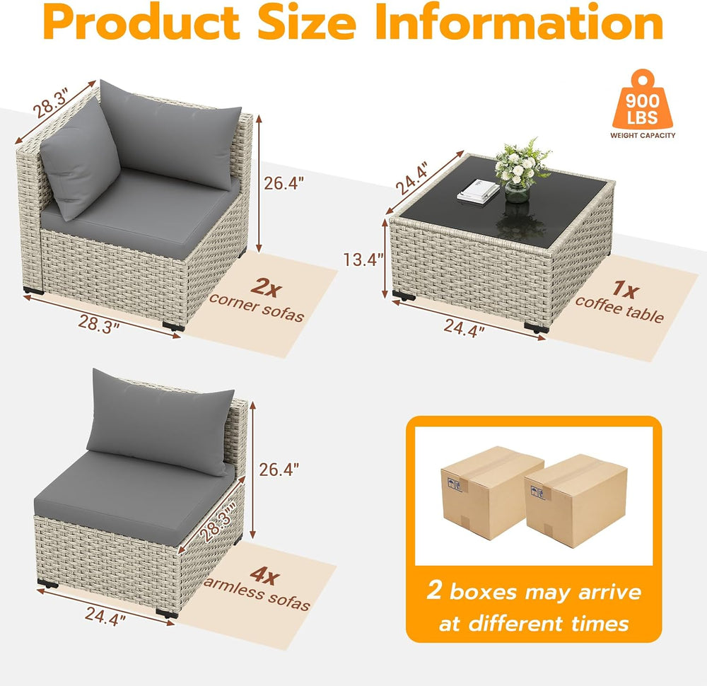 UDPATIO Outdoor Patio Furniture Set 7 Pcs Wicker Sectional Sofa Grey
