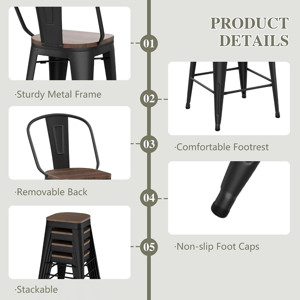 26" Metal Bar Stools Set of 4, Counter Height with Backs, Black