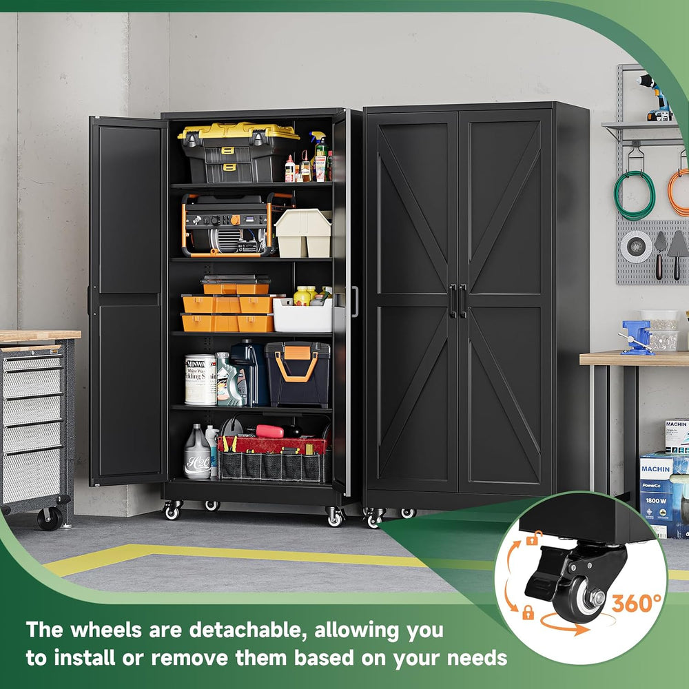 Letaya 75" Metal Garage Storage Cabinet with Wheels,Black Kitchen Pantry