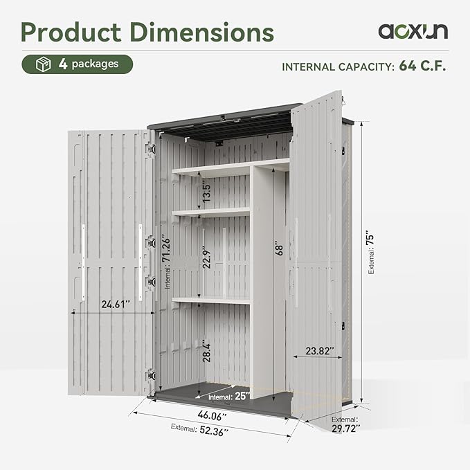 Aoxun Outdoor Resin Storage Shed with Metal Shelving Kit & Floor, 64 Cu.F...