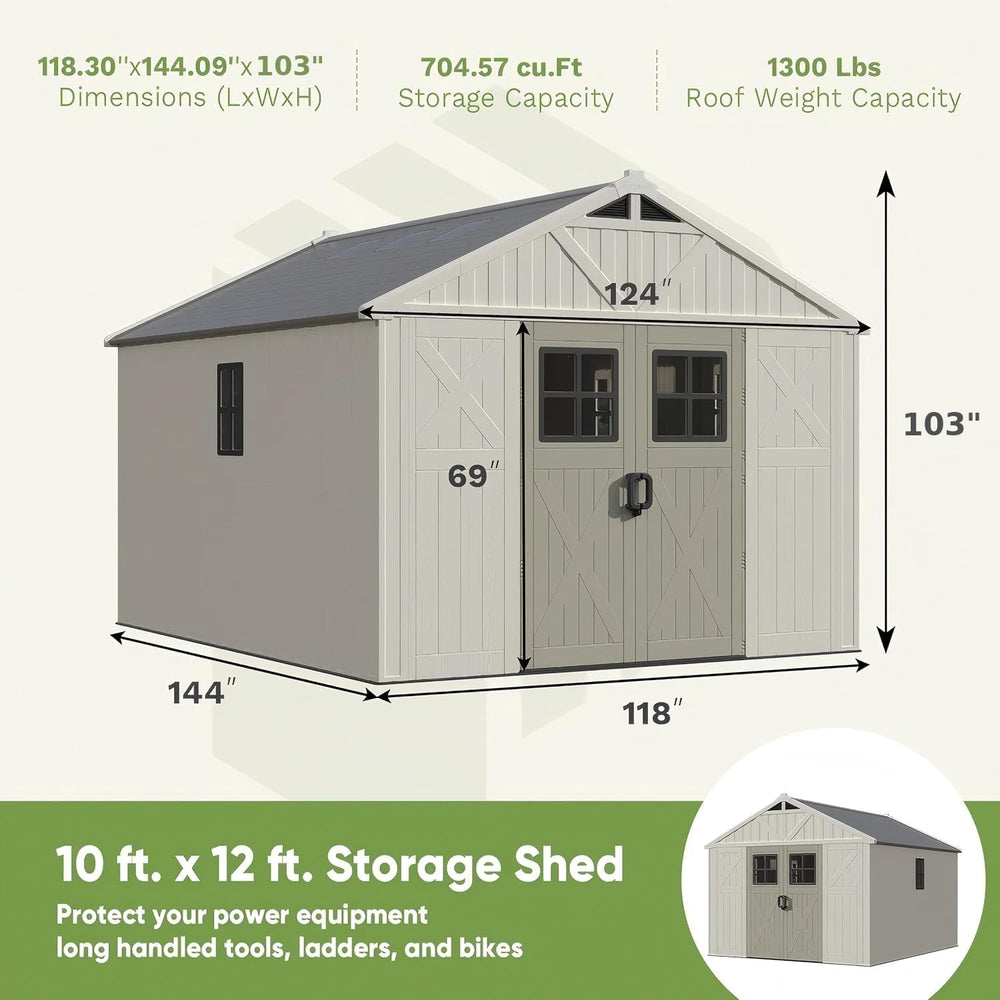 Patiowell 10x12 FT Resin Outdoor Storage Shed with Floor and Skylight,Beige