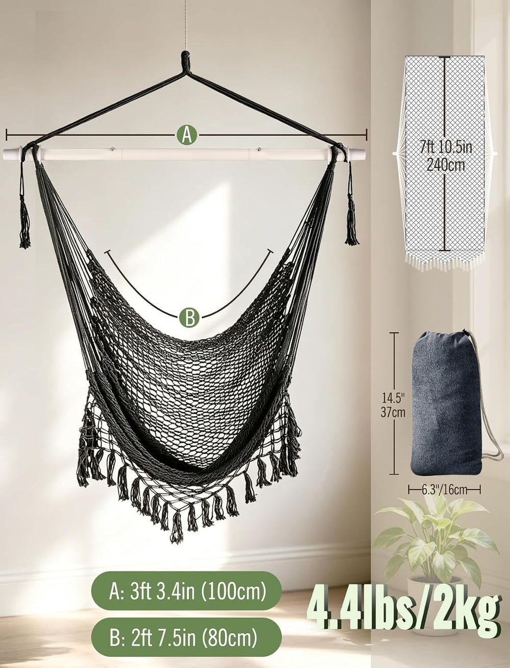 Chihee Hammock Chair Handmade Woven Mesh Hanging Seat Metal Spreader Bar
