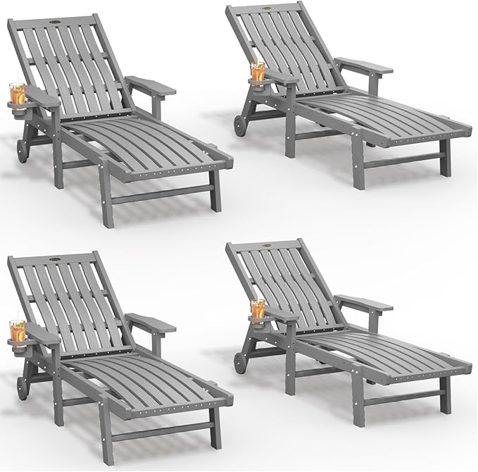 Patio Chaise Lounge Chair Set of 4, Oversized Lounge Chair Outdoor with 5 Pos...