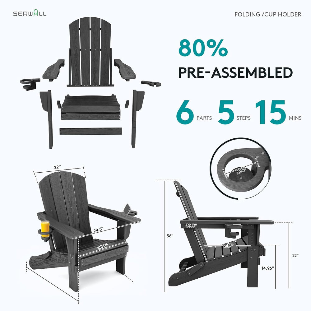 SERWALL Outdoor Adirondack Chairs with 2 Cup Holders,Foldable,Gray