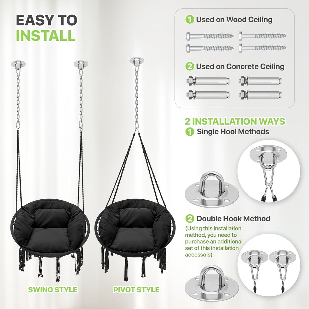 Magshion Macrame Hanging Hammock Chair with Cozy Full Cushion, Black
