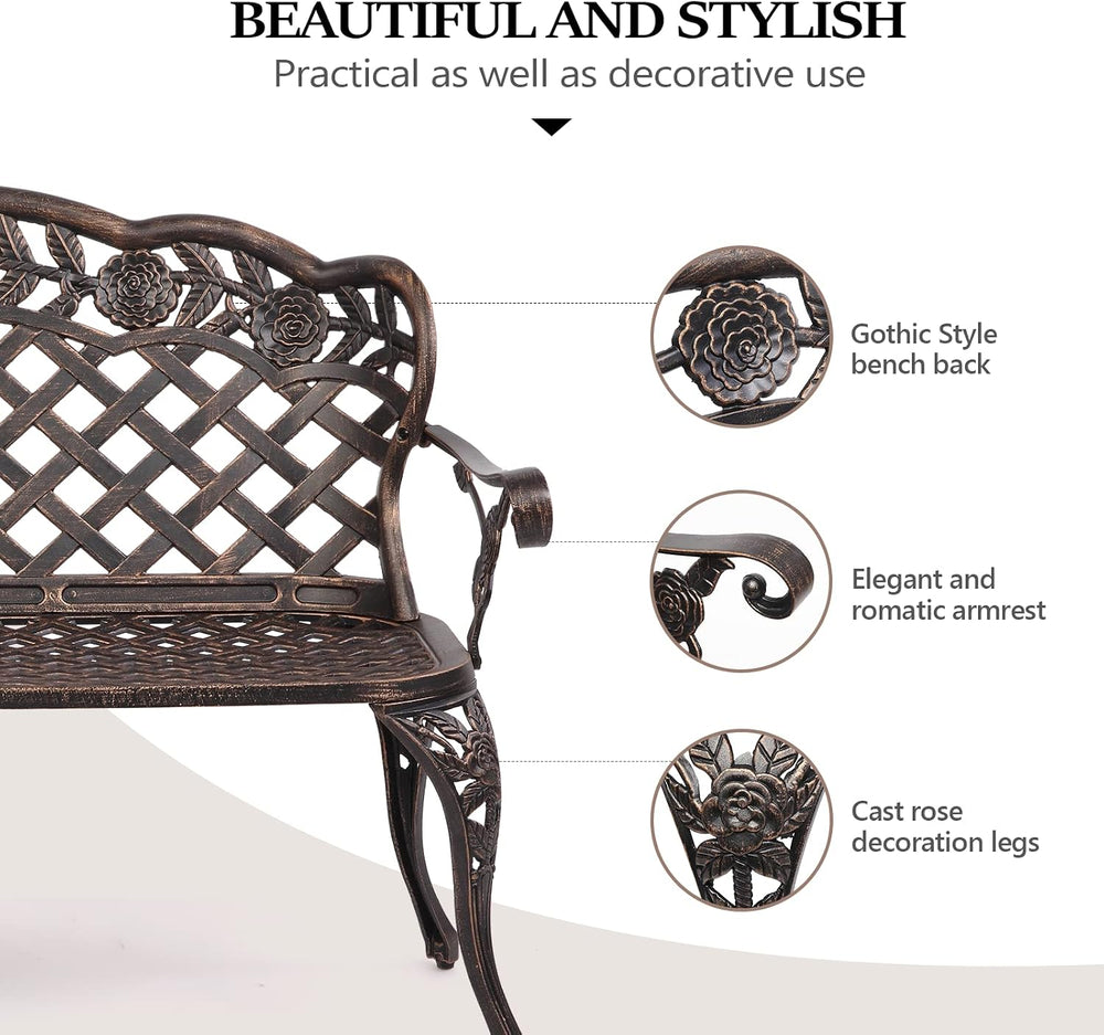 VINGLI 42.5" Patio Garden Bench Outdoor Metal Rose Loveseat, Cast Iron C...