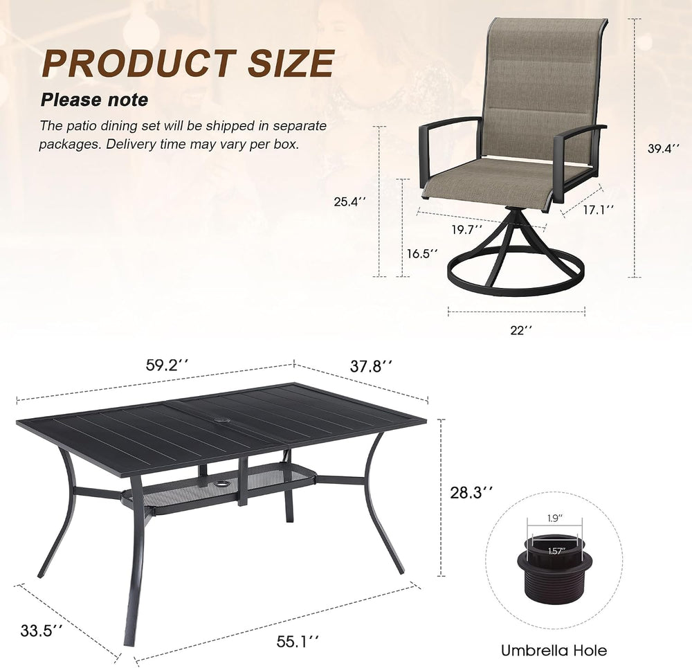 7PCS Outdoor Dining Set, 59.2" Rectangle Table, 6 Swivel Chairs, Brown