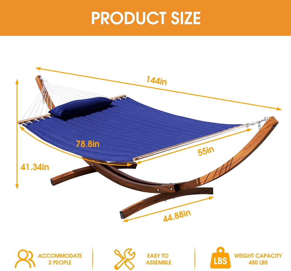 Lazy Daze 12 Ft Double Quilted Hammock with Curved Steel Wood Grain Stand