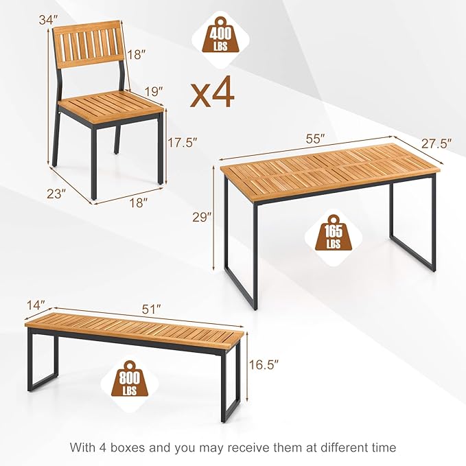 Tangkula 6 Pieces Outdoor Acacia Wood Dining Set, Patio Table and Chairs Set ...