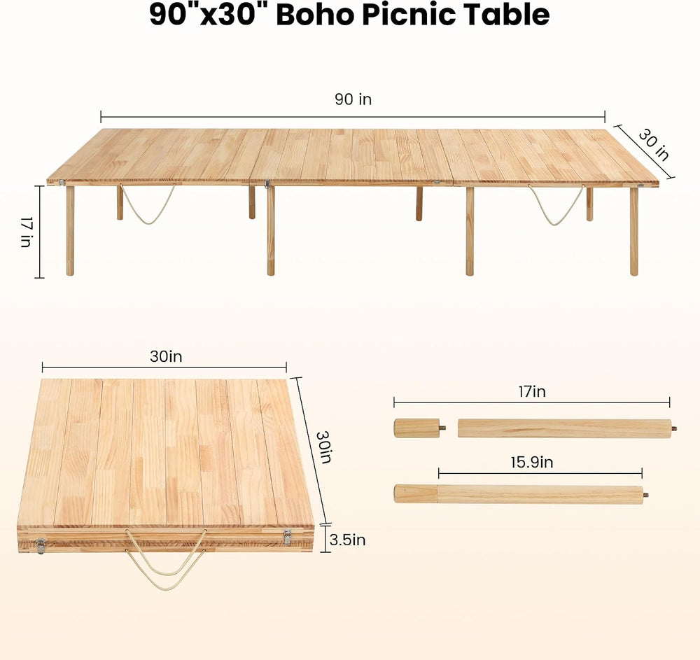 90" x 30" Boho Low Picnic Table, Comfortably Seats 7–9 People Together