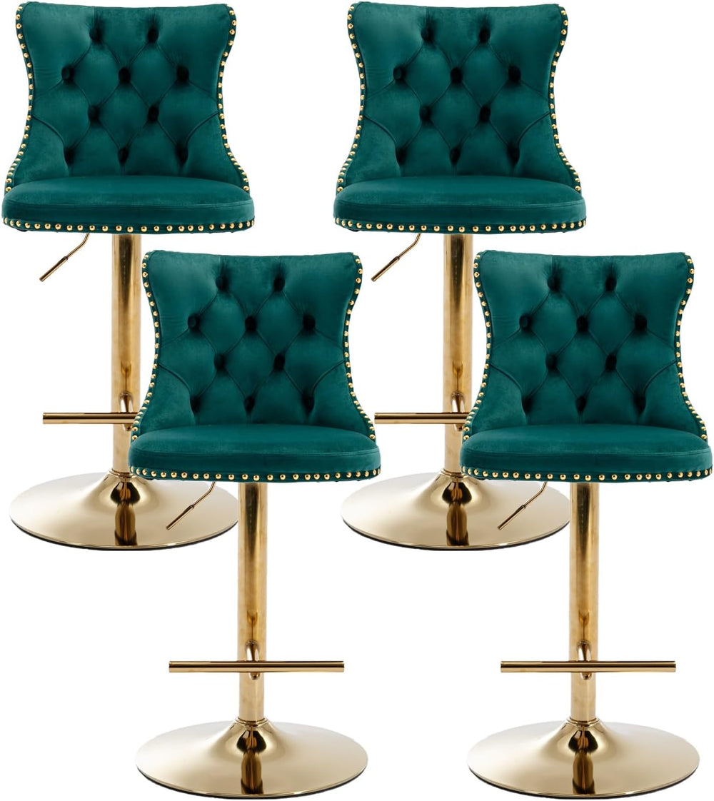 Green Velvet Bar Stools Set of 4, Upholstered Bar Chairs, Gold Bas