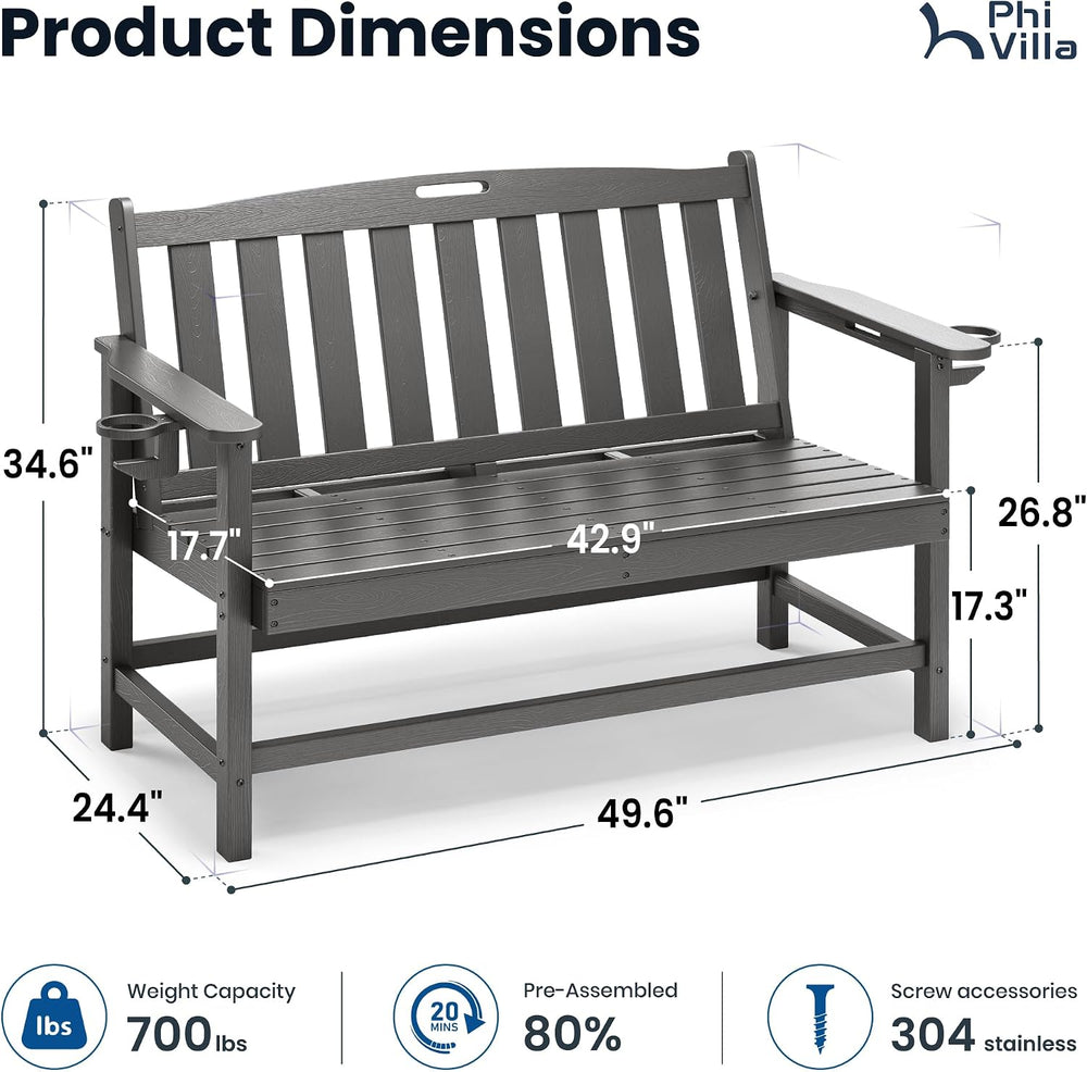 PHI VILLA HDPE Outdoor Bench, Grey