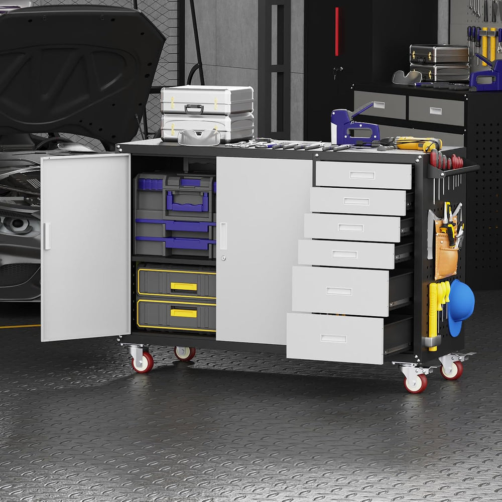 Eltean 55" W Rolling Workbench with 6 Drawers and Storage Cabinet,1000 L...