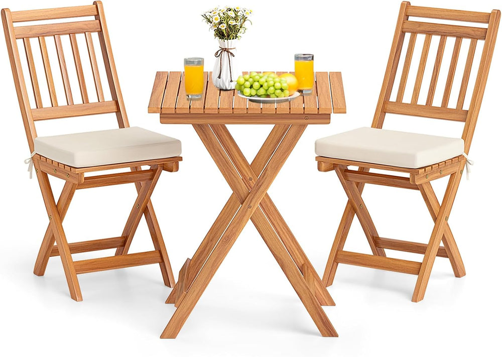 KOTEK Outdoor Folding Bistro Set, 3 Pieces Acacia Wood Bistro Set with Soft C...