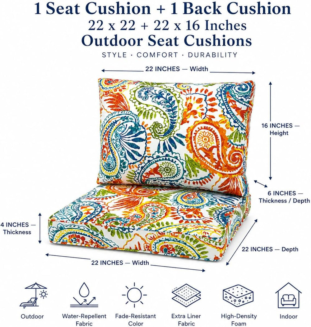 Outdoor Patio Seat/Back Chair Cushion Set 22"x22" Waterproof Fade-R...
