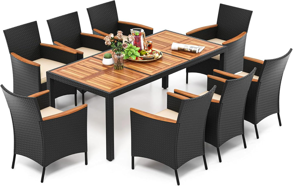 Tangkula 9 Pieces Rattan Outdoor Dining Set for 8, Outdoor Acacia Wood Table ...