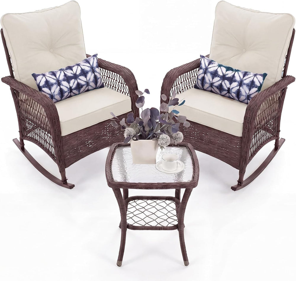 UDPATIO Rocking Chair Outdoor Set 2 w/Coffee Table, 3 Pc Wicker Bistro Set
