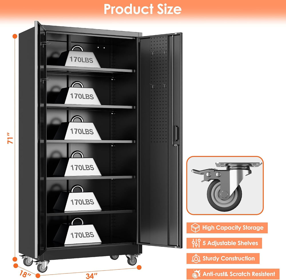 71" Metal Storage Cabinet with Wheels, 5 Adjustable Shelves, Black
