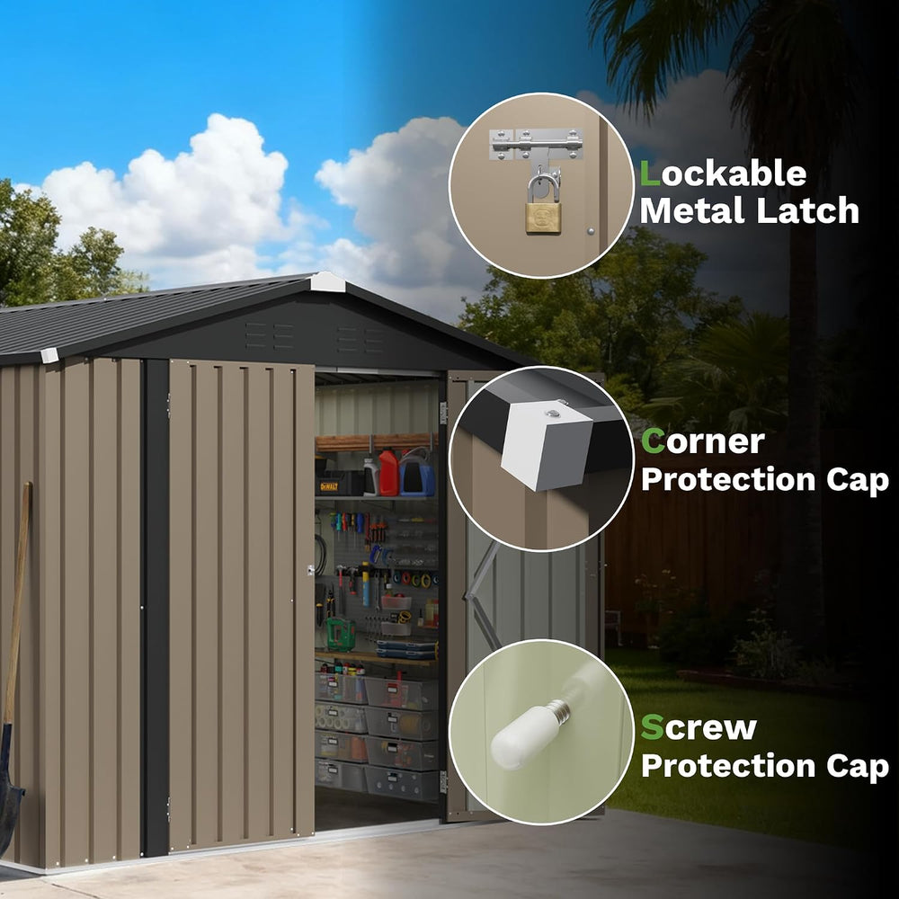 Patiowell 8x8 FT Storage Shed, Outdoor Metal Sheds, Brown