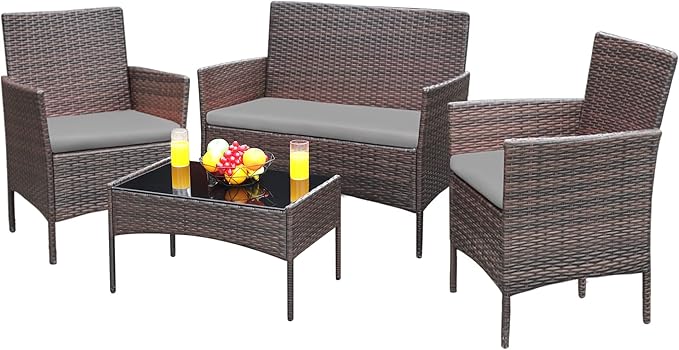 Greesum Patio Furniture 4 Pieces Conversation Sets Outdoor Wicker Rattan Chai...