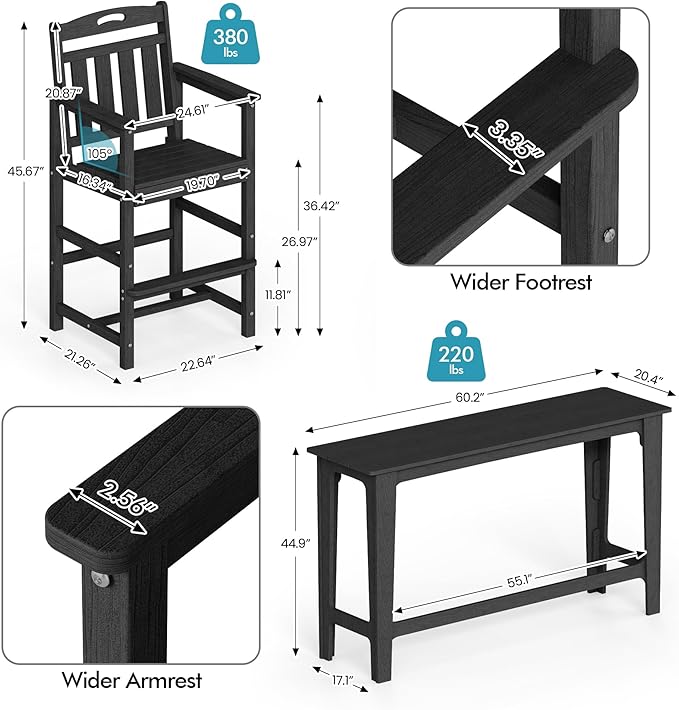 Ciokea Outdoor Bar Height Table Set of 5, 60" Extra Long Rectangle High ...