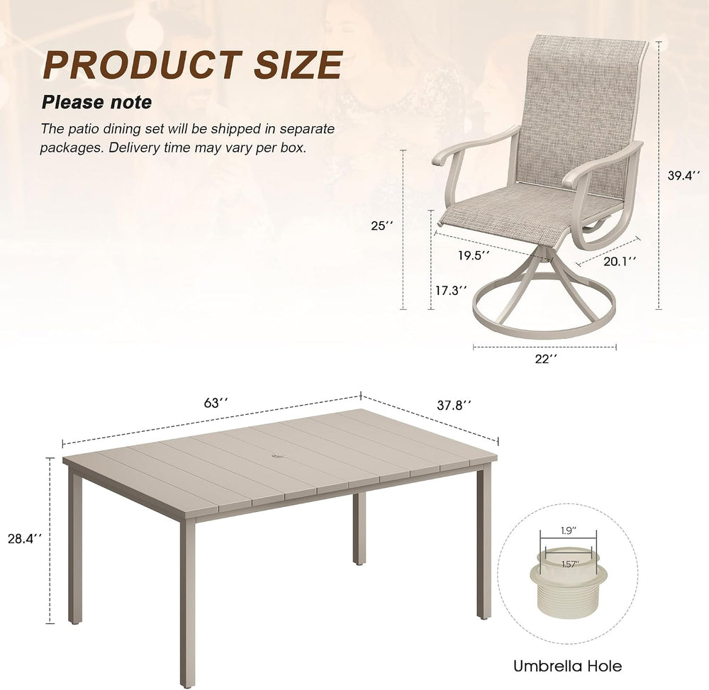 VICLLAX 7 Pieces Patio Furniture Dining Set, 6 Textile Swivel Dining Chairs, ...