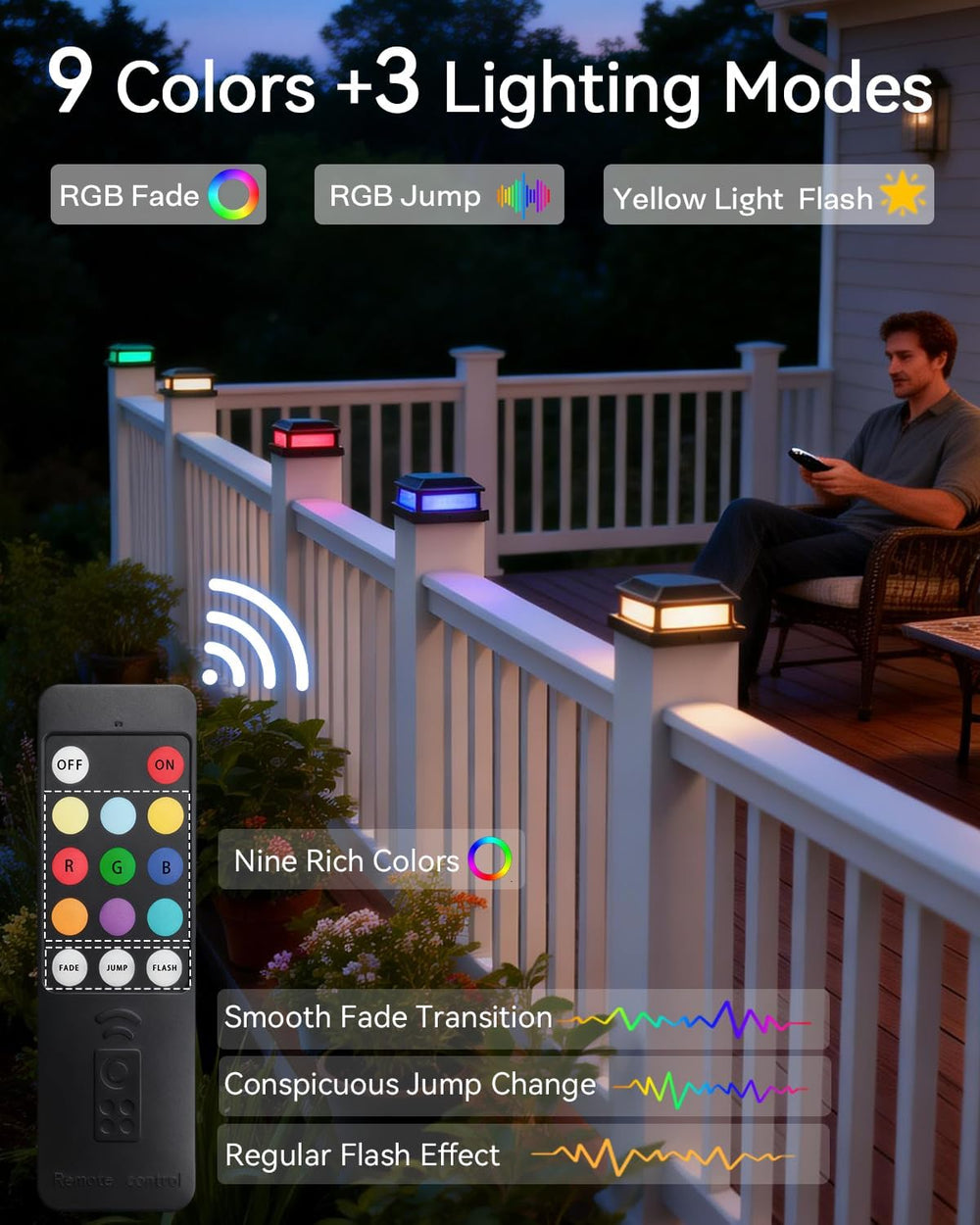 Solar Post Cap Lights with Remote, 9 Colors 3 Modes Changing Solar Deck Light...