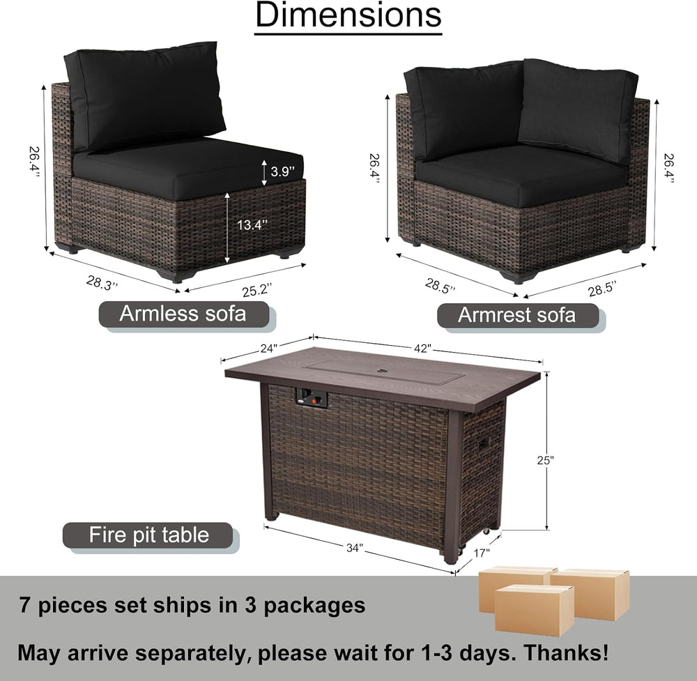 7 Piece Outdoor Patio Furniture Set with 42" Fire Pit, Wicker Furniture ...
