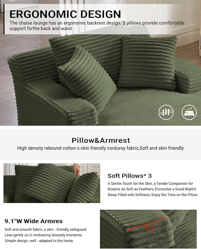 67 Inch Chaise Lounge Chair Indoor, Oversized Corduroy Upholstered Boneless S...