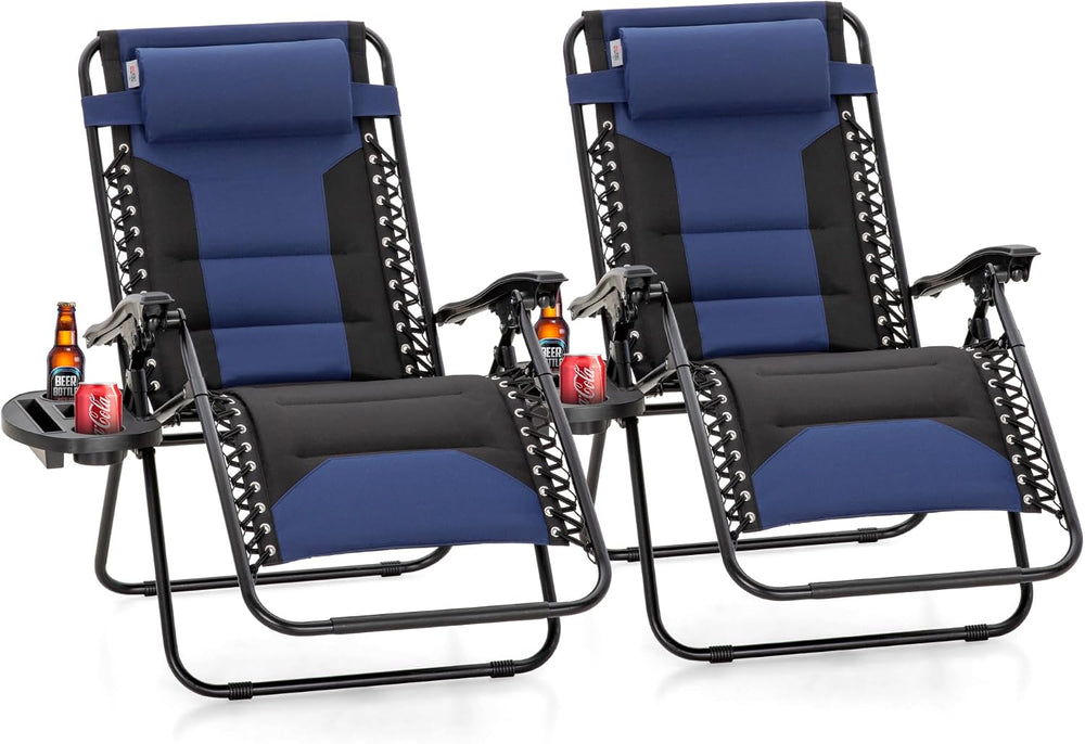 Padded Outdoor Zero Gravity Chair Set of 2, Cup Holder, 28in Seat, Blue | Fol...
