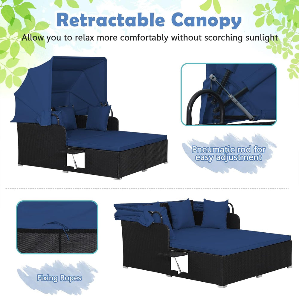 Tangkula Patio Rattan Daybed with Retractable Canopy, Outdoor Wicker Sunbed L...