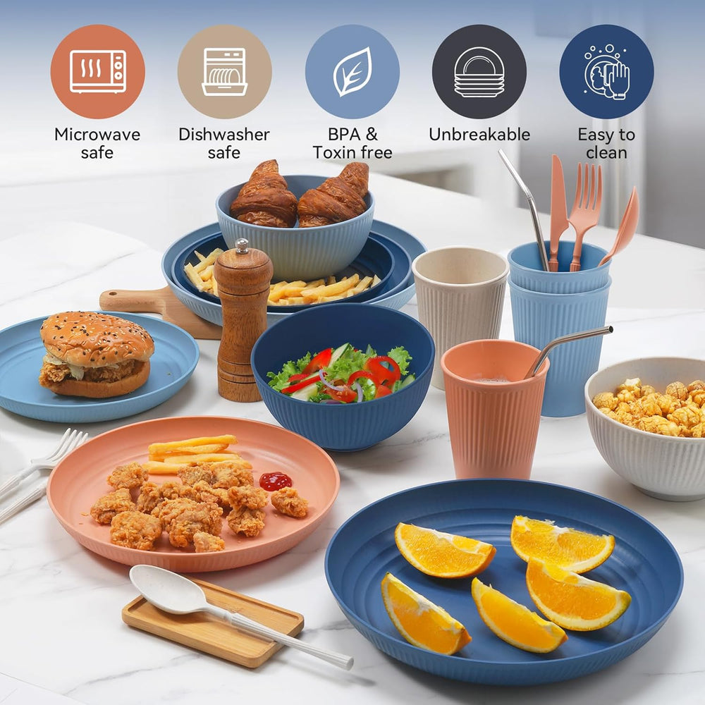 Wheat Straw Dinnerware Sets,64-Piece Black Plates and Bowls Sets for 8-Unbrea...