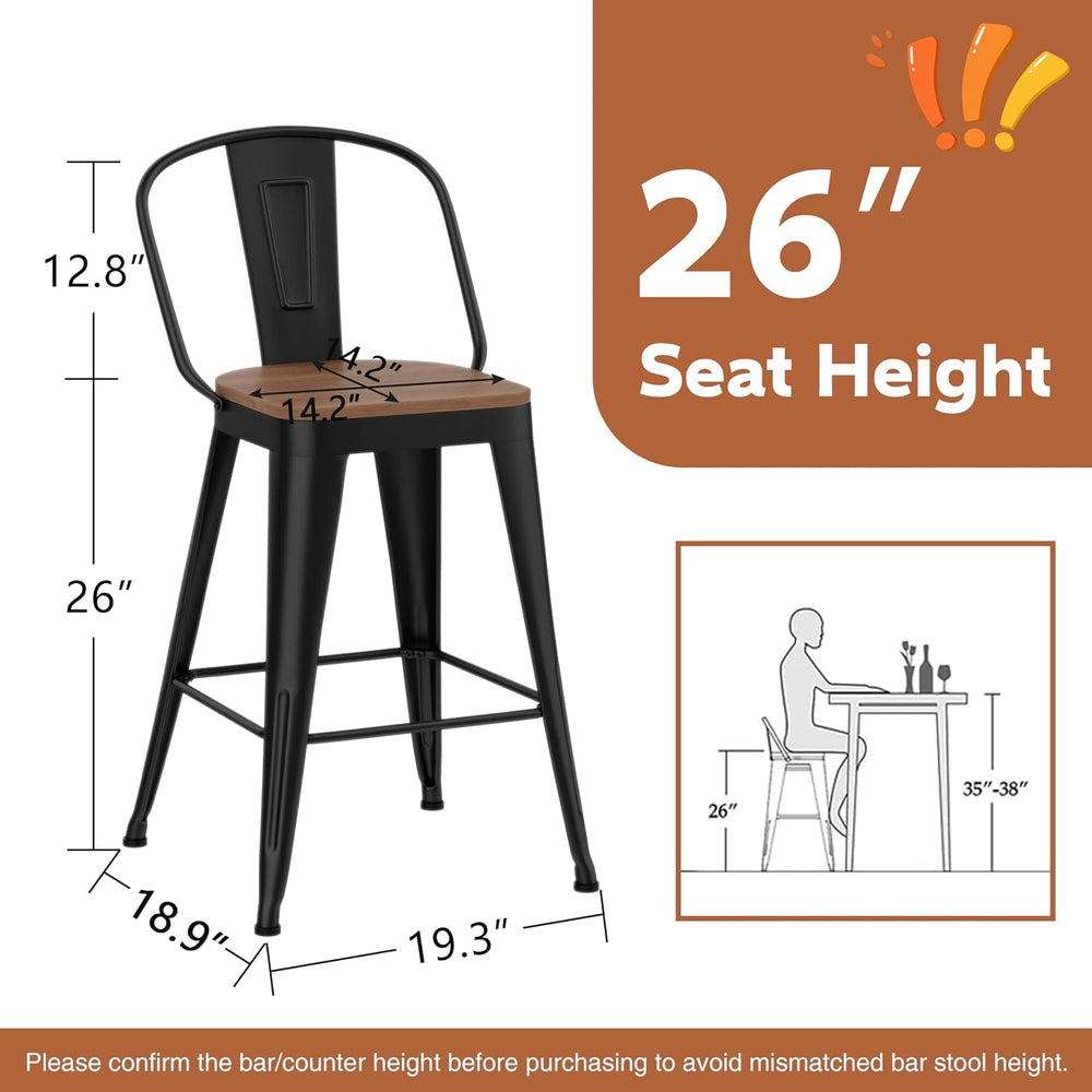 26" Metal Bar Stools Set of 4, Counter Height with Backs, Black