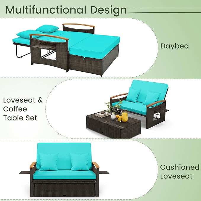 Tangkula Patio Rattan Daybed with 4-Level Adjustable Backrest, Outdoor Wicker...