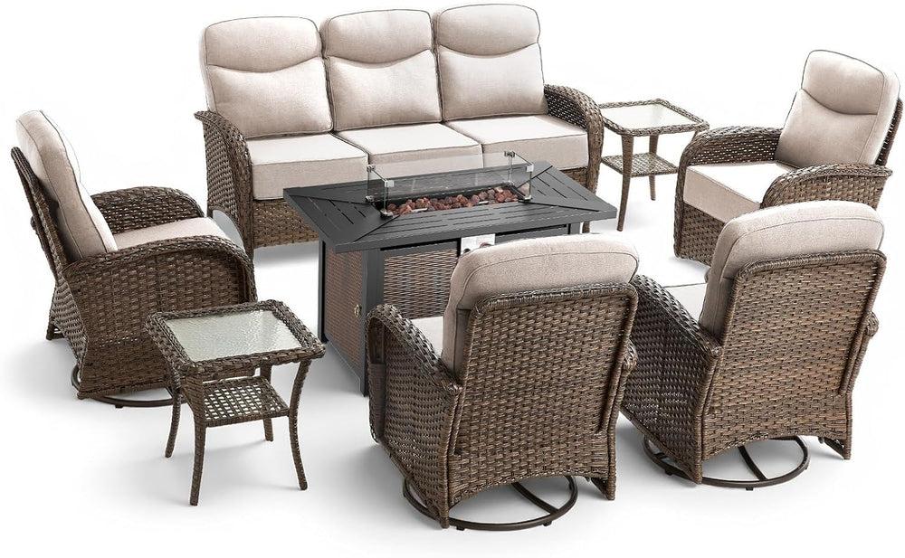 8 Pieces Luxury Patio Furniture Set with 42.5" Fire Pit Table, 6-Inch Th...