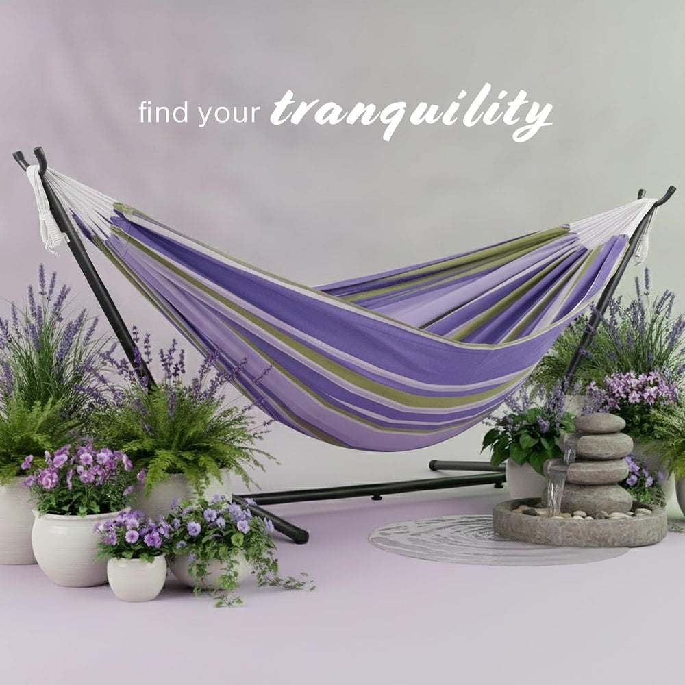 Vivere Double Cotton Hammock with Space Saving Steel Stand, Upgraded Polyeste...