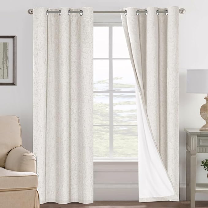 H.VERSAILTEX Ivory Curtains Blackout, 100% Blackout Linen Curtains with White...