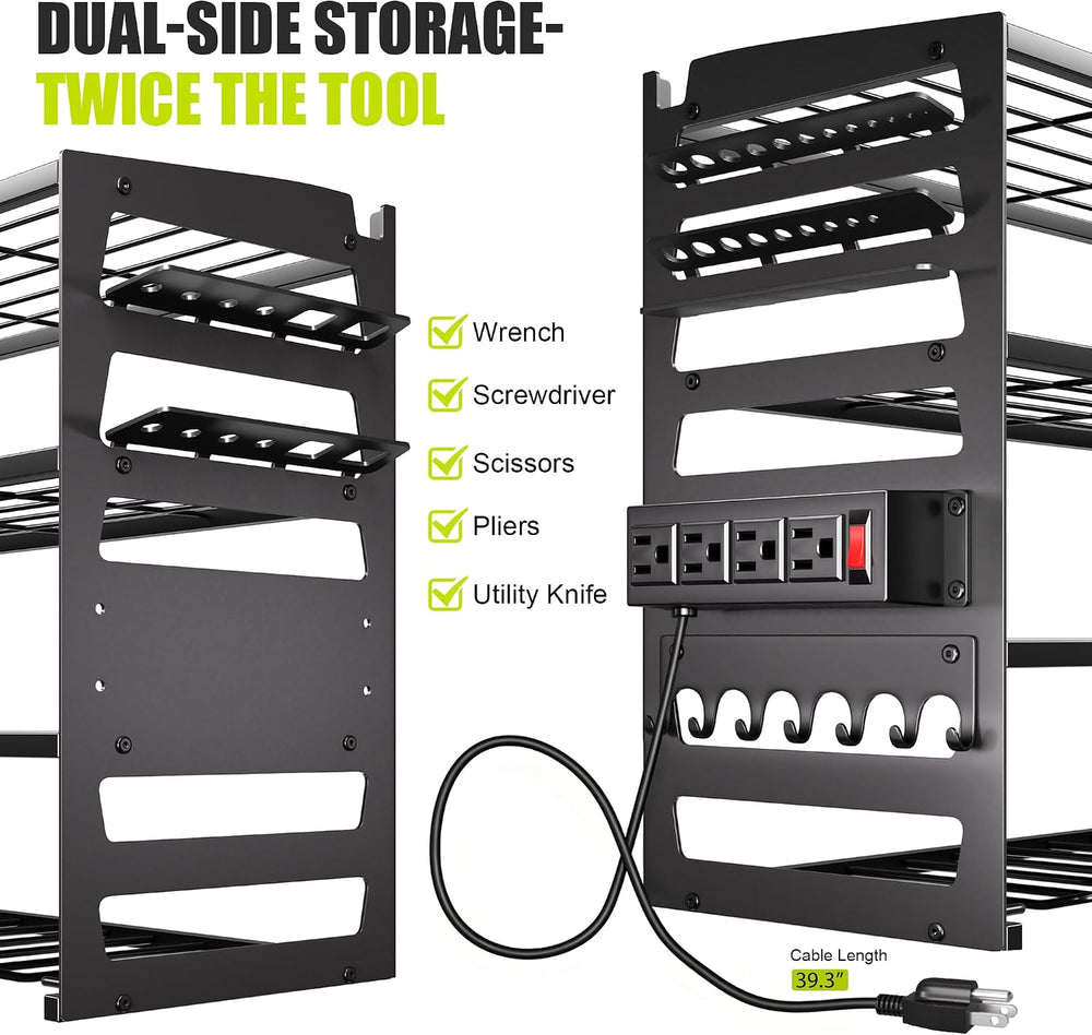 Large Power Tool Organizer Wall Mount with Charging Station, Black