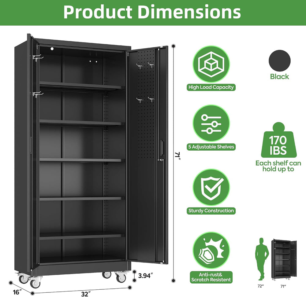 Reemoon 5 Adjustable 170 lb Shelves, Lockable Doors, Door pegboard and 4 Remo...