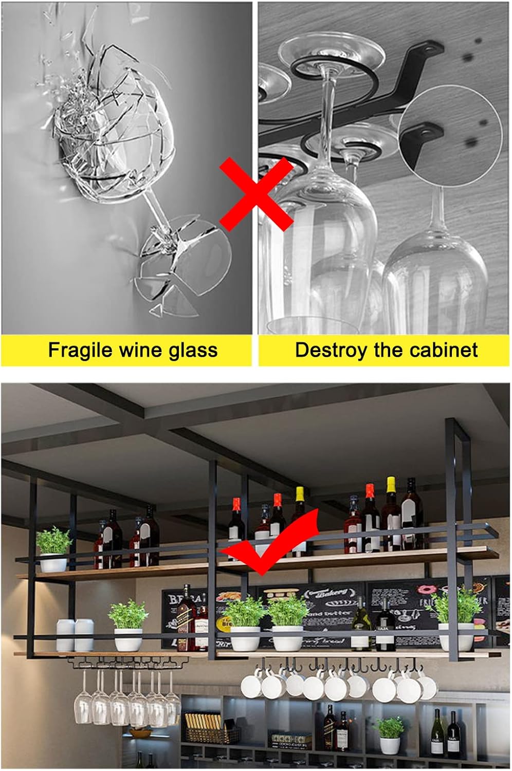 Ceiling Wine Glass Rack with Glass Holder, 39.3in 2-Tier Hanging Bar Shelf