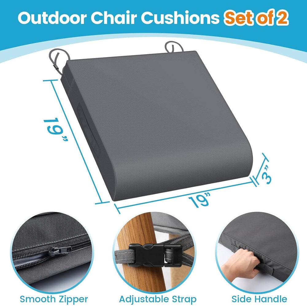 19 x 19 x 3 Inch Outdoor Patio Chair Cushions Set of 2, Grey