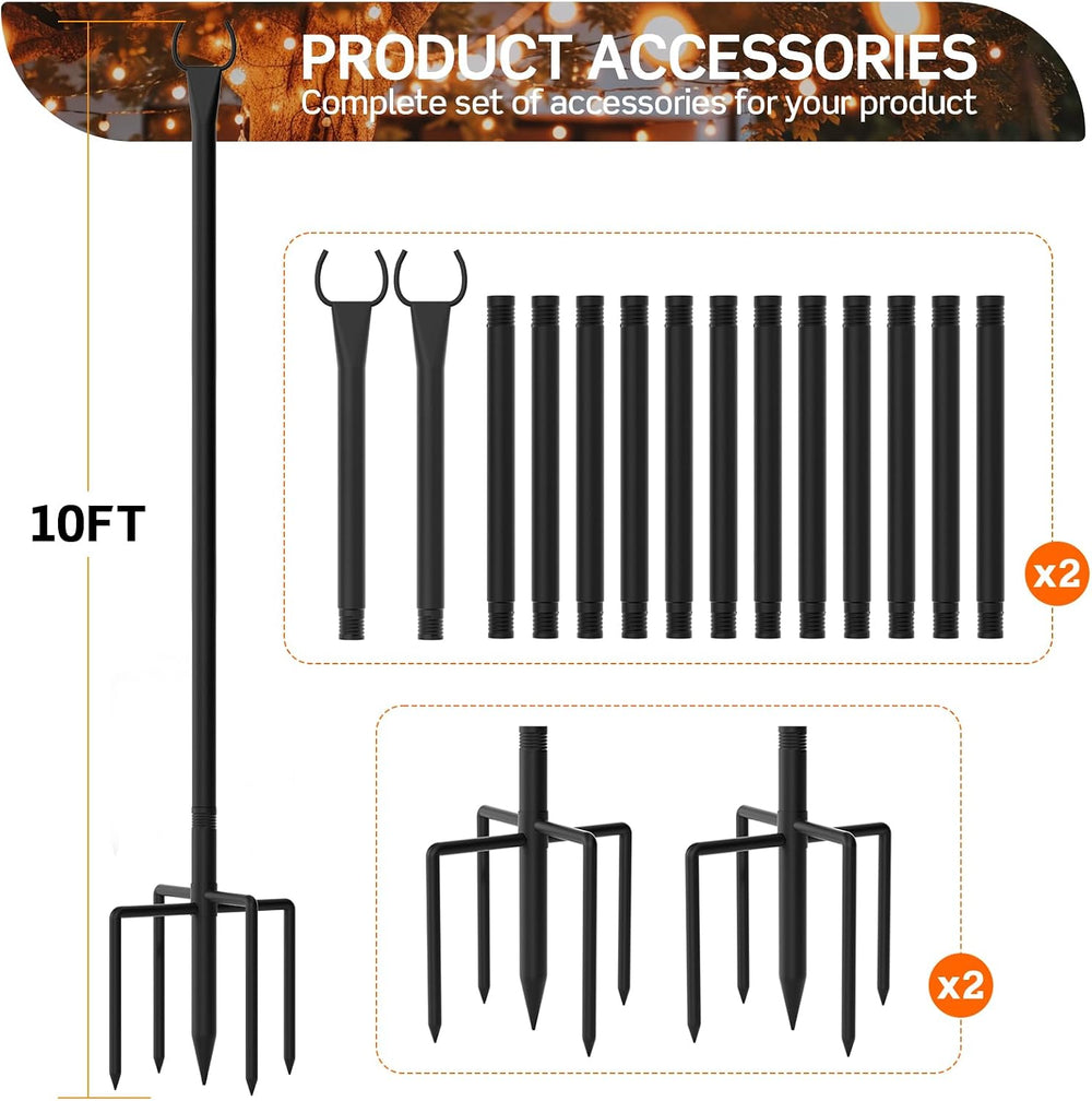 String Light Poles 4-Pack - 10FT, 5-Prong Base for Patio Deck