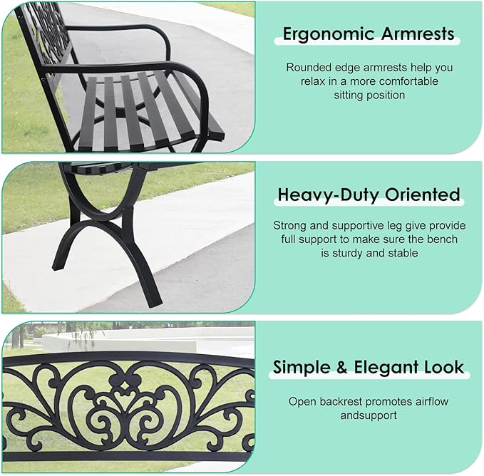 FDW Outdoor 50 Inches Garden Bench, Slatted Seat Armrests Floral Design Backr...