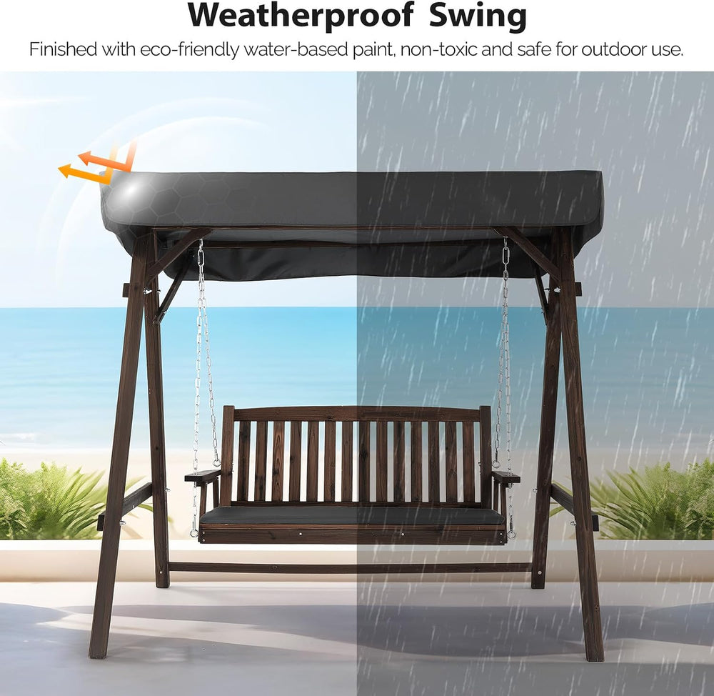 VINGLI 4FT Heavy Duty Wooden Porch Swing with Stand and Canopy, Rustic