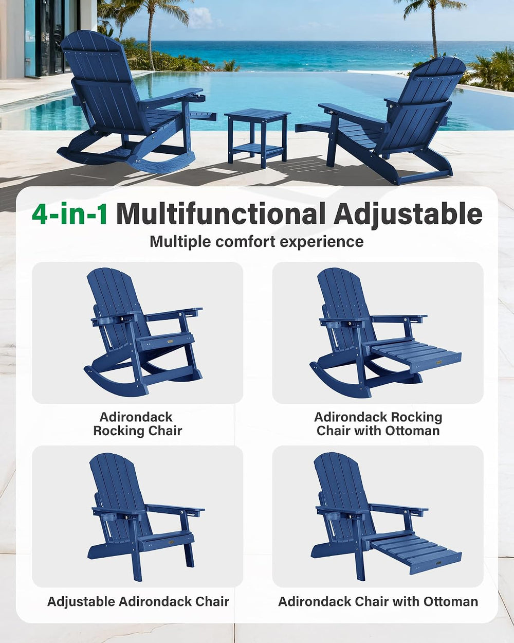 YEFU Adirondack Rocking Chairs Set of 4, with Footrest, 5-Level Adjustable
