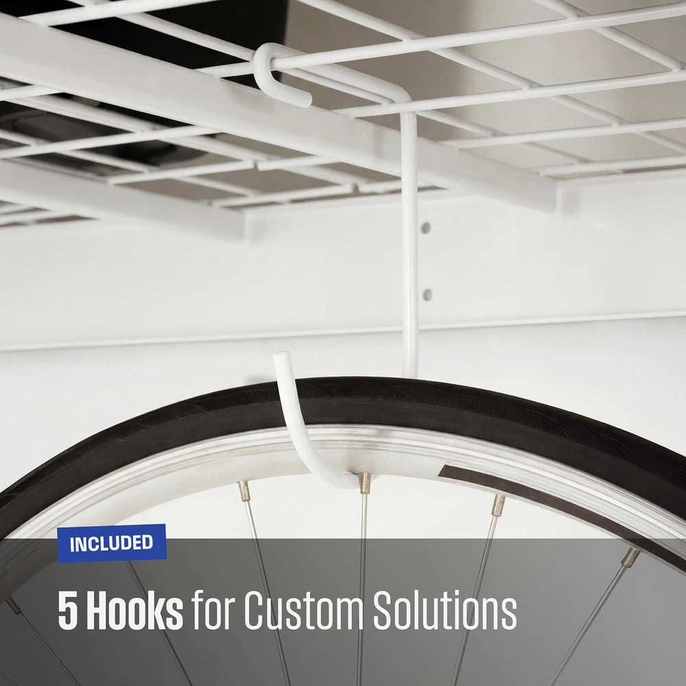 SafeRacks White 4x8 Overhead Storage Rack w/ 5-pc Hook Pack (24”-45" Drop)