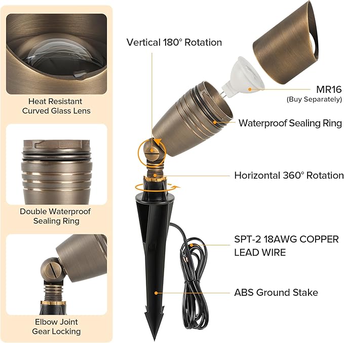 LUTEC Solid Brass Low Voltage Landscape Lighting, 12V Heavy Duty Waterproof L...